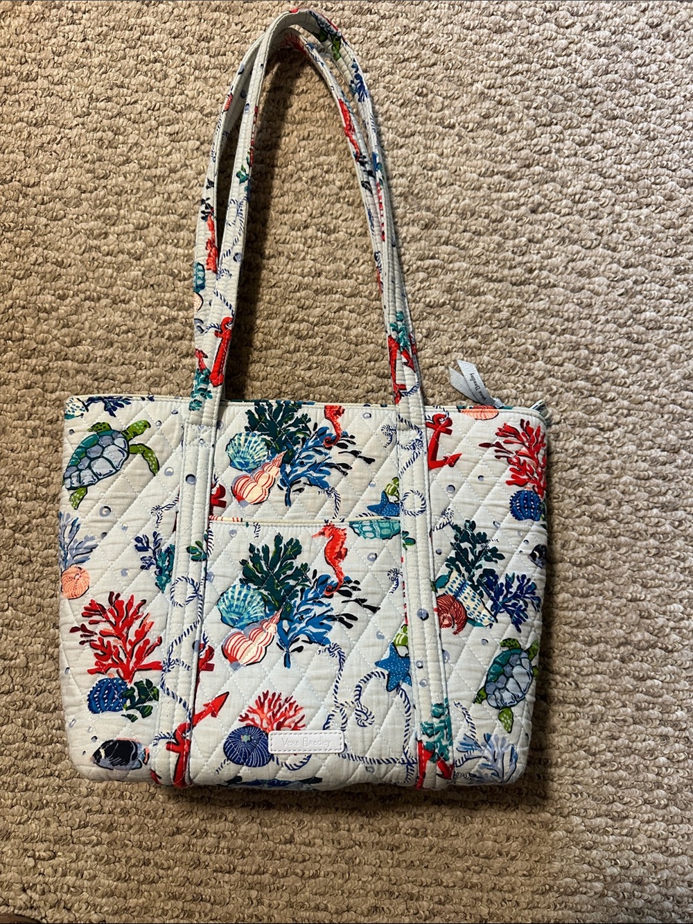Quilted Cream Tote Bag with Multicolor Ocean Print